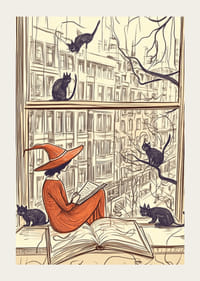 A magical scene with a witch and cats at a window-3