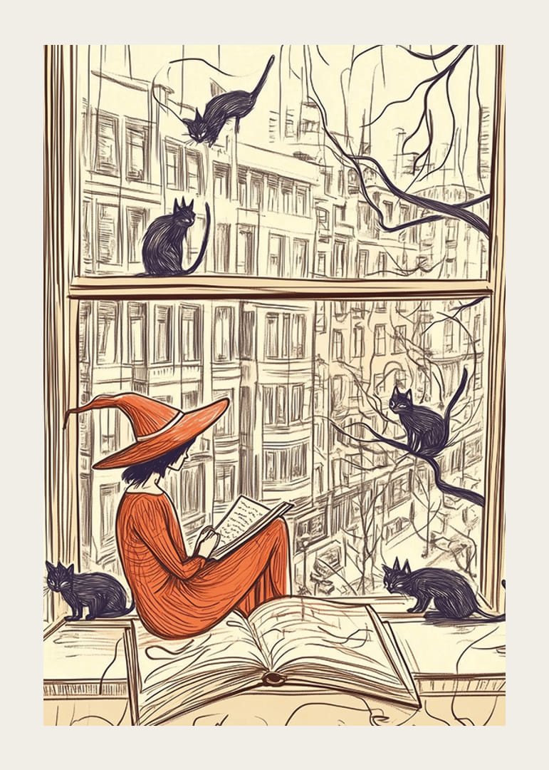 A magical scene with a witch and cats at a window-12