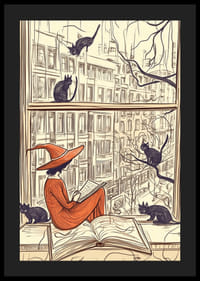 A magical scene with a witch and cats at a window-4