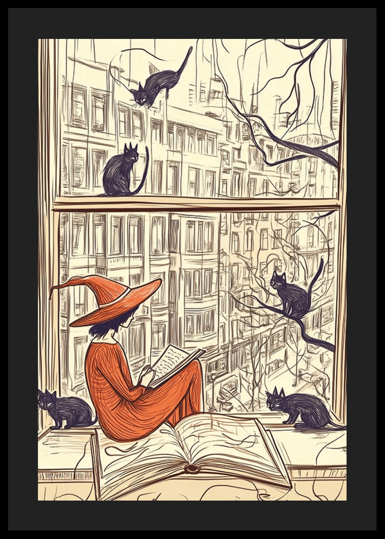 A magical scene with a witch and cats at a window-12