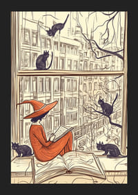 A magical scene with a witch and cats at a window-5