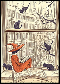 Una scena magica con una strega e dei gatti alla finestra-6