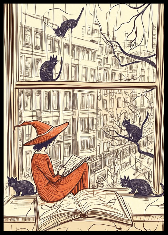 Una scena magica con una strega e dei gatti alla finestra-12