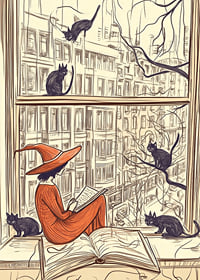 Una scena magica con una strega e dei gatti alla finestra-7