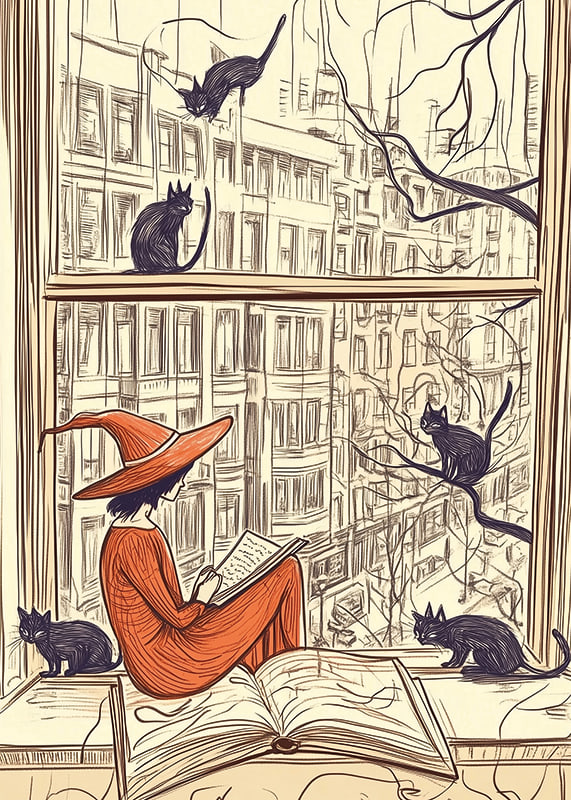 Una scena magica con una strega e dei gatti alla finestra-12