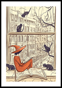 Una scena magica con una strega e dei gatti alla finestra-0