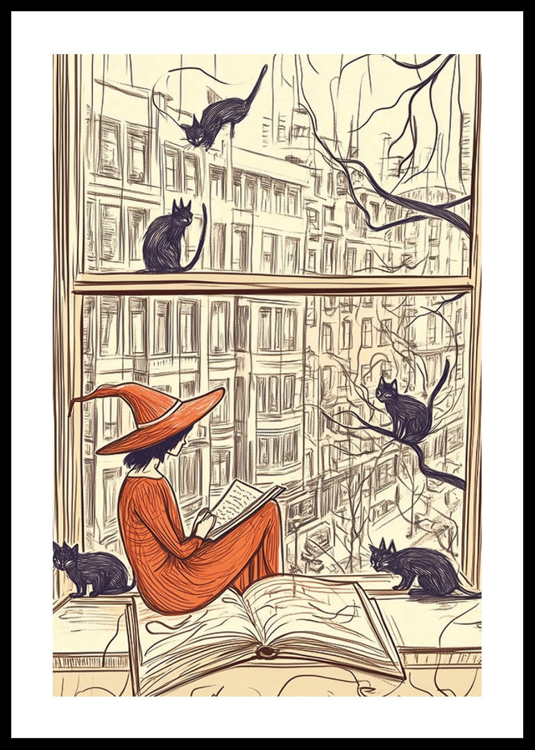 Una scena magica con una strega e dei gatti alla finestra-12