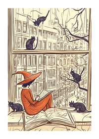 Una scena magica con una strega e dei gatti alla finestra-1