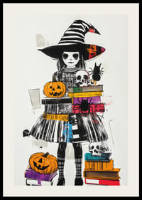 En mystisk häxa omgiven av skrämmande pumpor och böcker-2