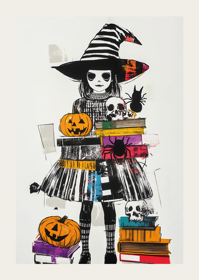 En mystisk häxa omgiven av skrämmande pumpor och böcker-12