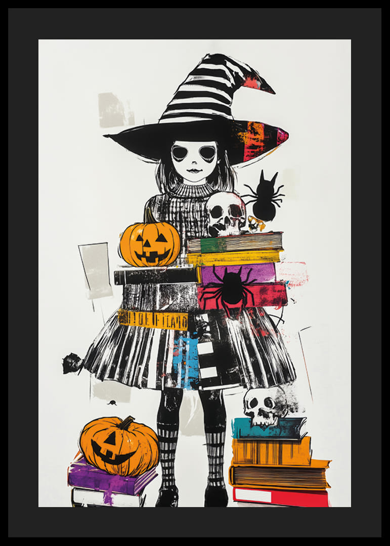 En mystisk häxa omgiven av skrämmande pumpor och böcker-12