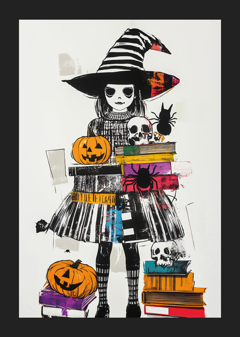 En mystisk häxa omgiven av skrämmande pumpor och böcker-12