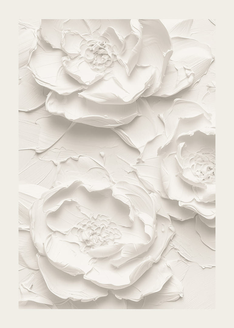 En plakat med strukturerte, detaljerte blomster i myke, monokrome toner-12