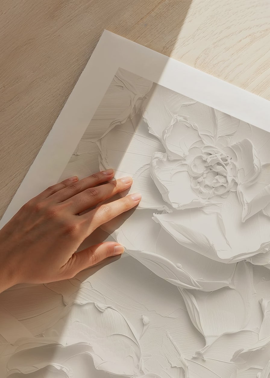A poster with textured, detailed flowers in soft, monochrome tones-12