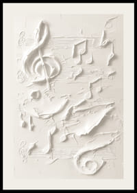 Un poster con note musicali e simboli strutturati in un design monocromatico morbido-2