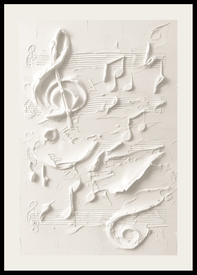 Un poster con note musicali e simboli strutturati in un design monocromatico morbido-12