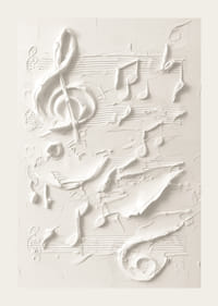 Un poster con note musicali e simboli strutturati in un design monocromatico morbido-3