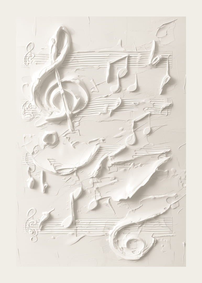 Un poster con note musicali e simboli strutturati in un design monocromatico morbido-12