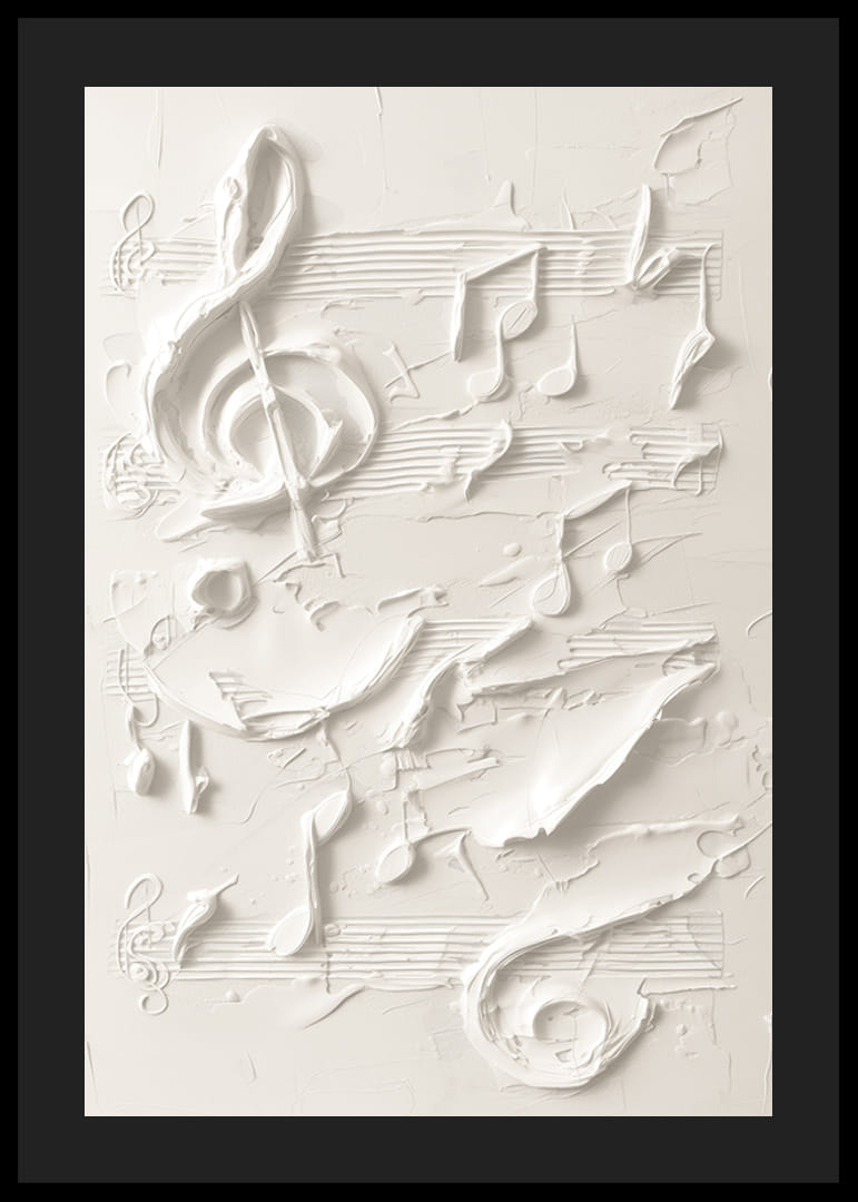 Un poster con note musicali e simboli strutturati in un design monocromatico morbido-12