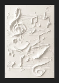 Un poster con note musicali e simboli strutturati in un design monocromatico morbido-5