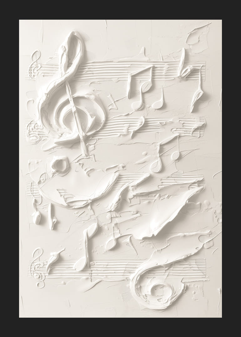 Un poster con note musicali e simboli strutturati in un design monocromatico morbido-12