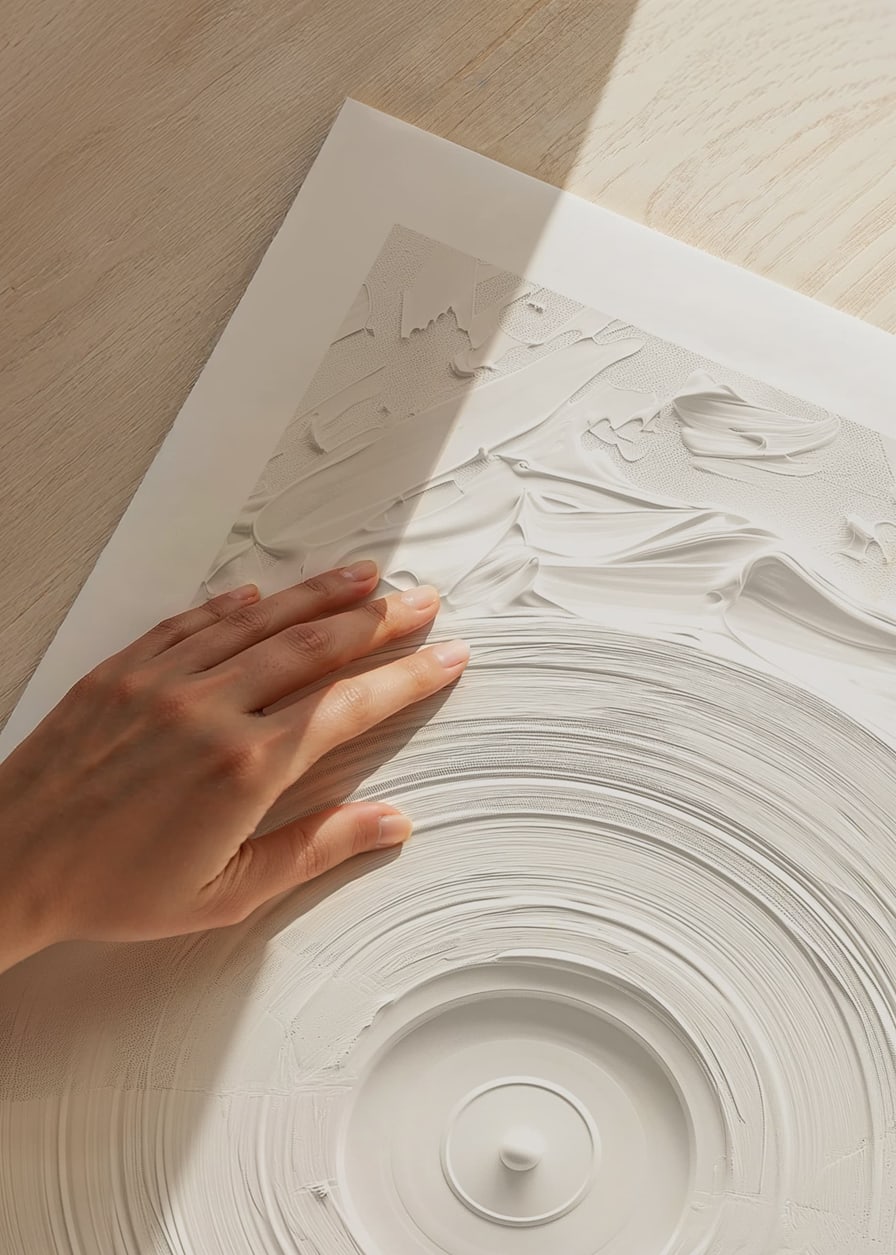 A poster with a textured vinyl motif in soft, monochrome tones-12
