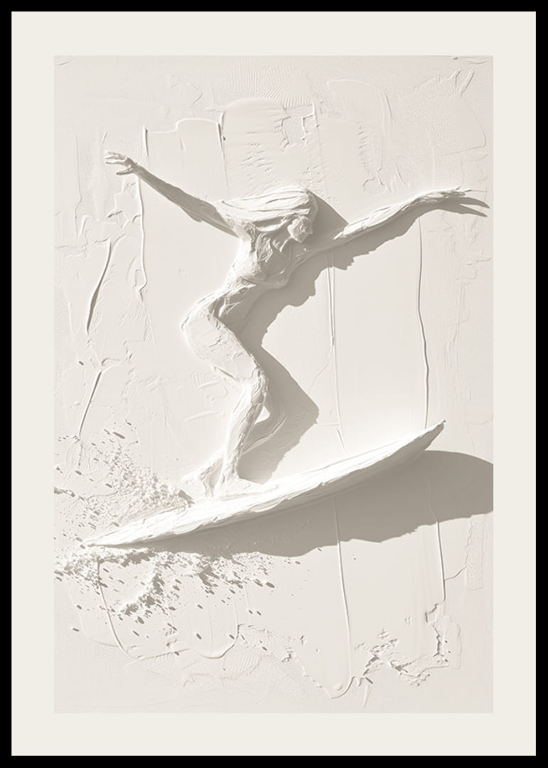 Ein Poster mit einer strukturierten Surfer-Silhouette, die Bewegung und Freiheit ausstrahlt-12