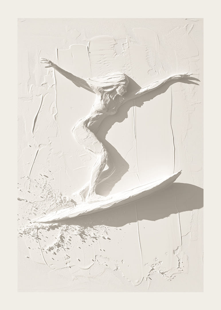 Ein Poster mit einer strukturierten Surfer-Silhouette, die Bewegung und Freiheit ausstrahlt-12