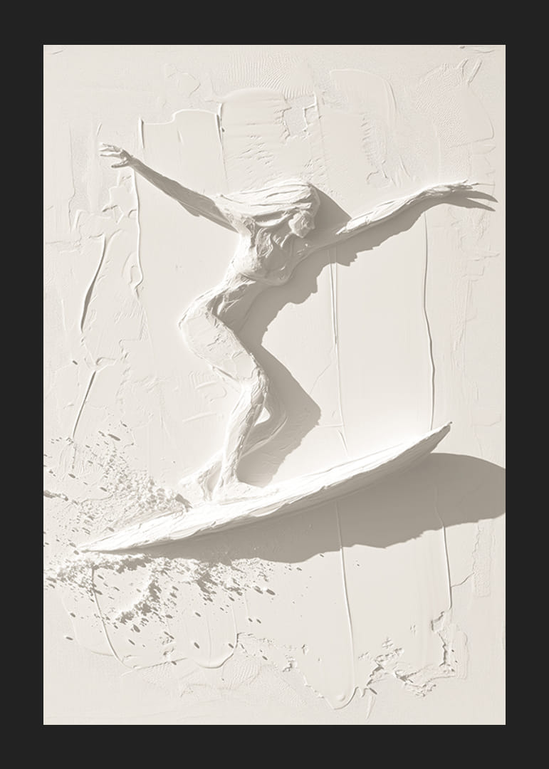 Ein Poster mit einer strukturierten Surfer-Silhouette, die Bewegung und Freiheit ausstrahlt-12