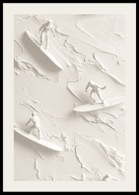 A poster with textured surfers riding abstract, monochrome waves-2