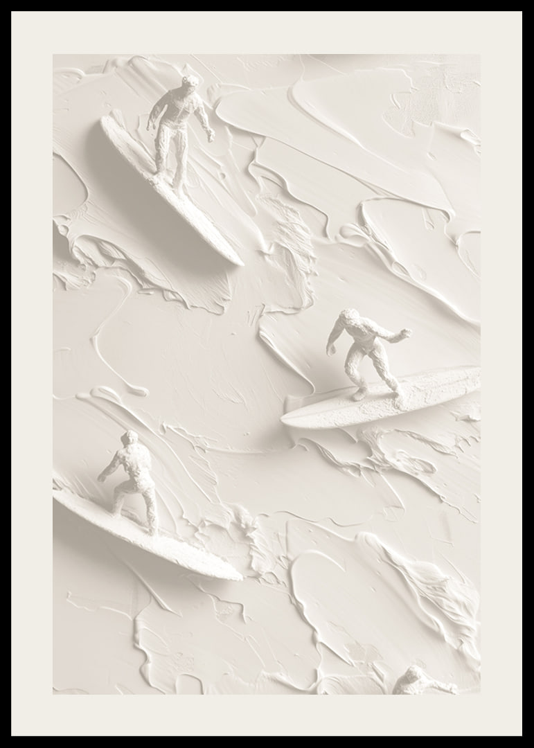 A poster with textured surfers riding abstract, monochrome waves-12