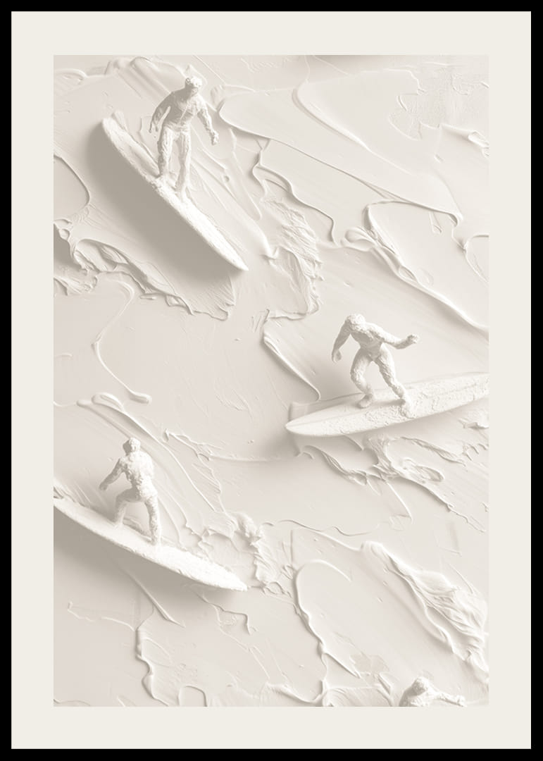 Un poster cu surferi texturați călărind valuri abstracte, monocrome-12
