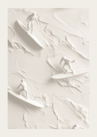 A poster with textured surfers riding abstract, monochrome waves-3