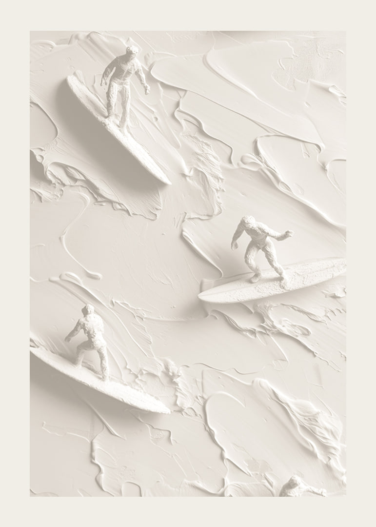 A poster with textured surfers riding abstract, monochrome waves-12