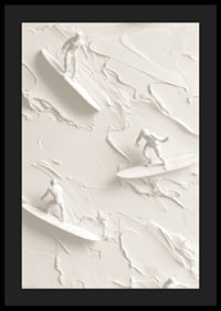 A poster with textured surfers riding abstract, monochrome waves-4