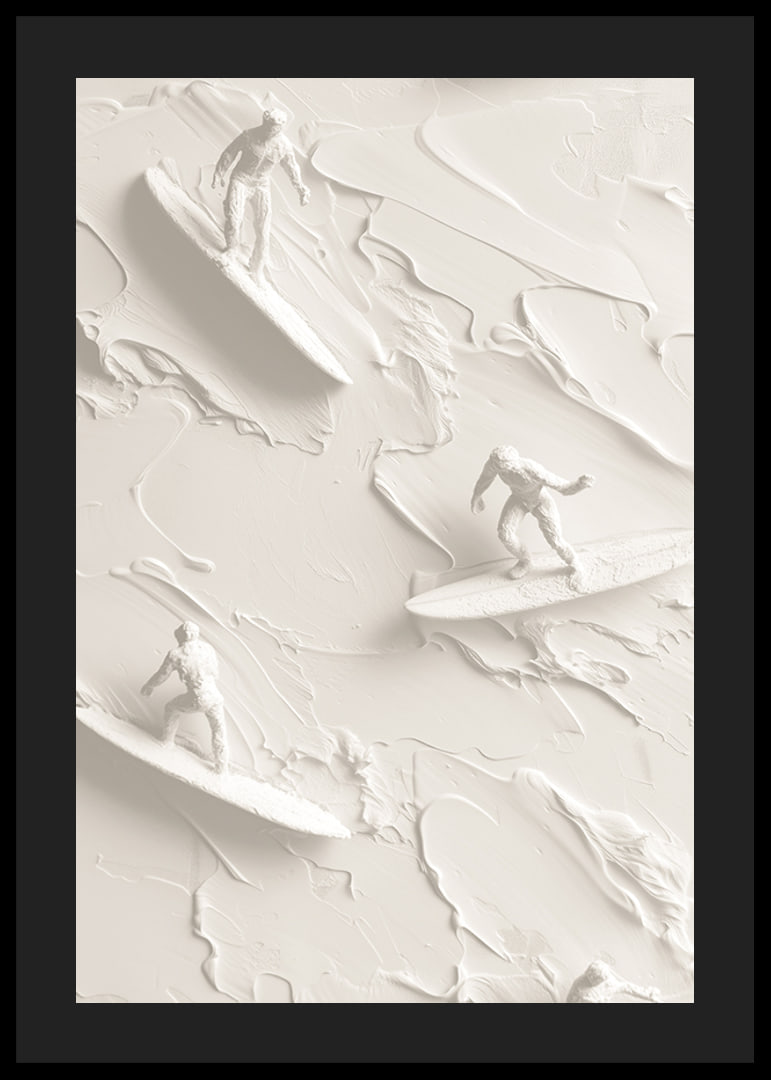 A poster with textured surfers riding abstract, monochrome waves-12