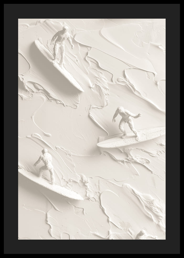 Un poster cu surferi texturați călărind valuri abstracte, monocrome-12