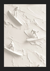 A poster with textured surfers riding abstract, monochrome waves-5