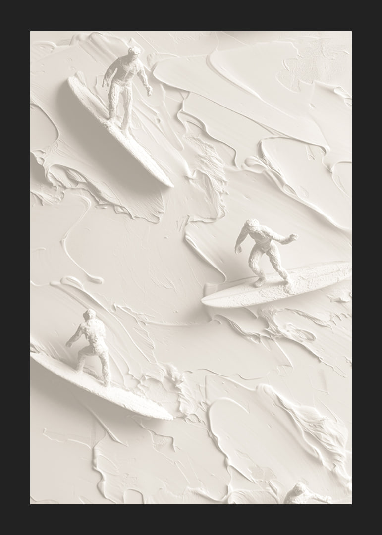 A poster with textured surfers riding abstract, monochrome waves-12