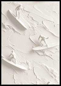 A poster with textured surfers riding abstract, monochrome waves-6