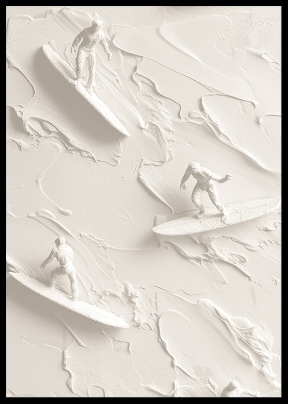 A poster with textured surfers riding abstract, monochrome waves-12