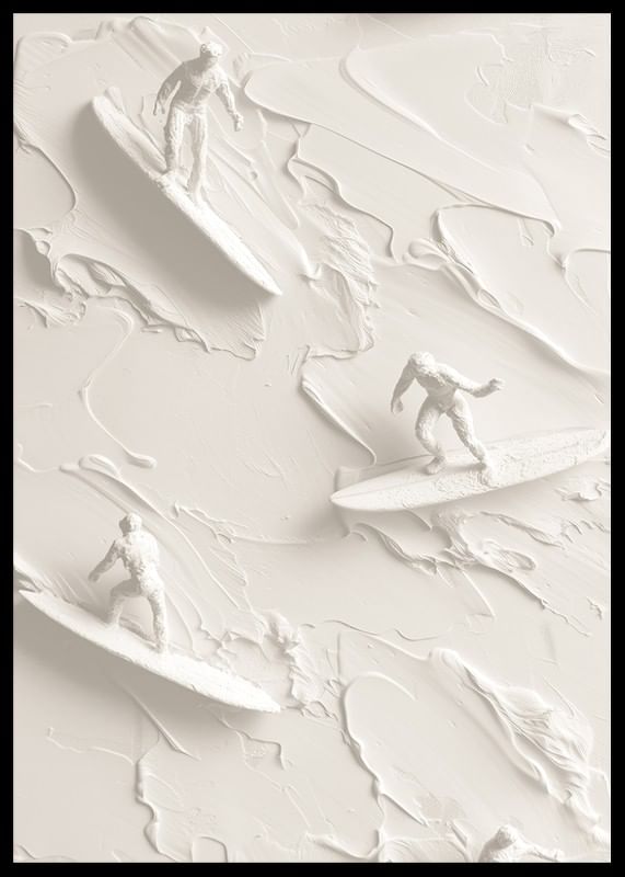 Een poster met getextureerde surfers die op abstracte, monochrome golven rijden-12