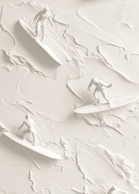 A poster with textured surfers riding abstract, monochrome waves-7
