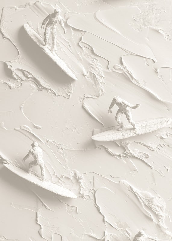 A poster with textured surfers riding abstract, monochrome waves-12