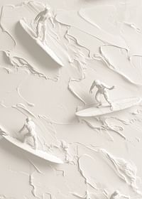 Een poster met getextureerde surfers die op abstracte, monochrome golven rijden-3