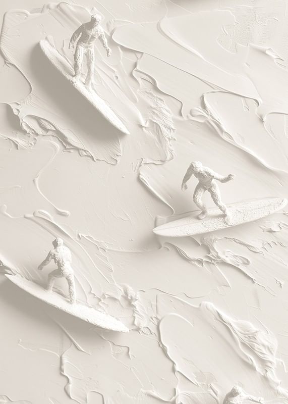 Een poster met getextureerde surfers die op abstracte, monochrome golven rijden-12