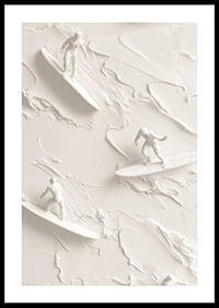 A poster with textured surfers riding abstract, monochrome waves-0