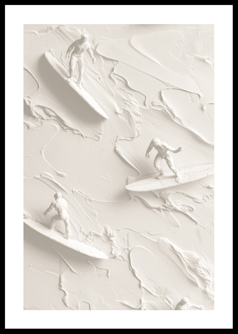 A poster with textured surfers riding abstract, monochrome waves-12