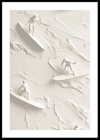 Een poster met getextureerde surfers die op abstracte, monochrome golven rijden-0