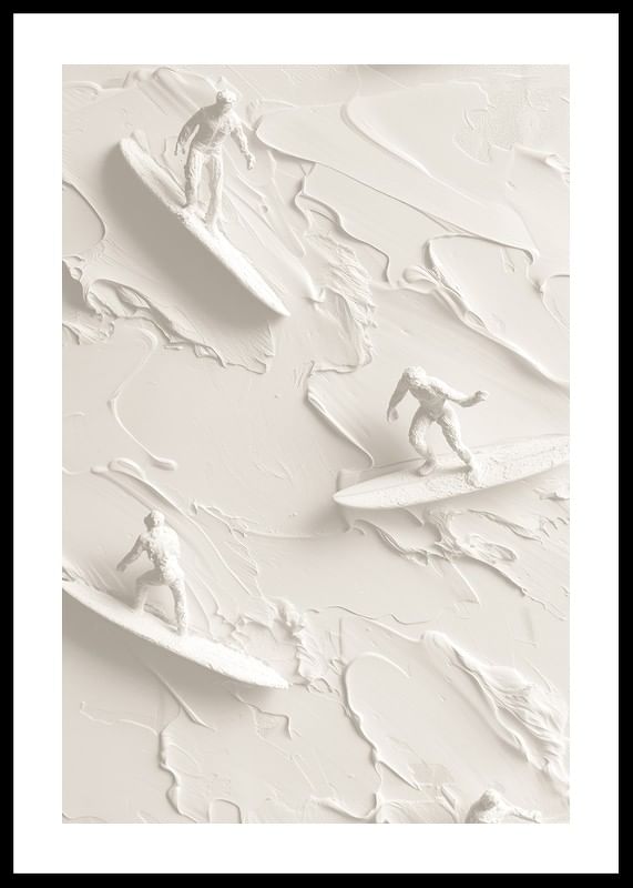 Een poster met getextureerde surfers die op abstracte, monochrome golven rijden-12